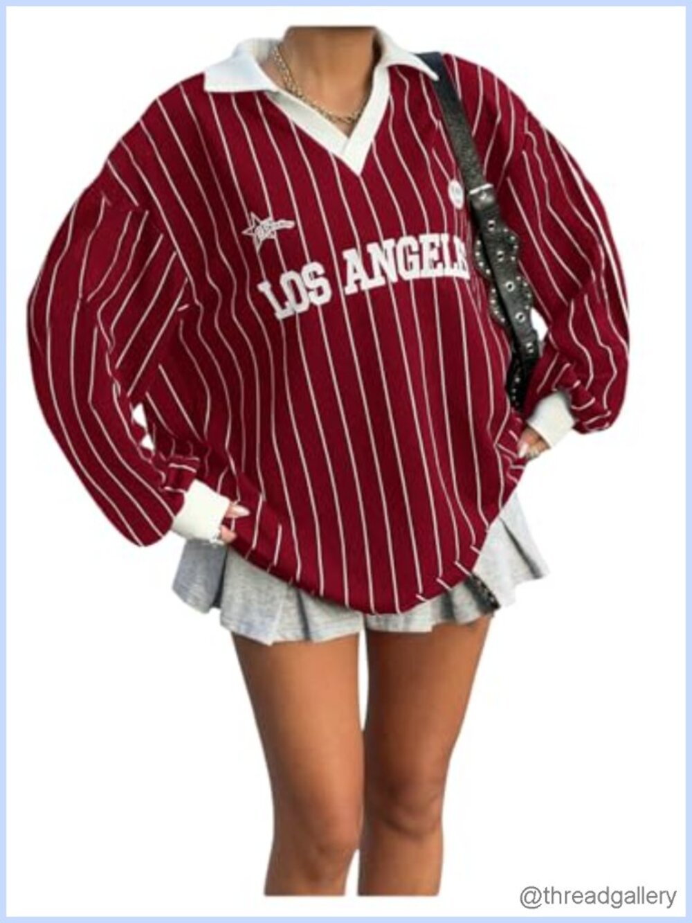 Oversized Striped Letter Long Sleeve Collared Jersey Shirt